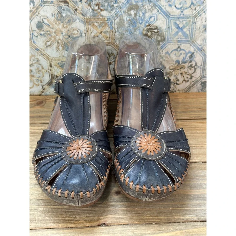 Pikolinos T-Strap Whipstitch Leather Wedge Sandals Womens 38 / 7.5 Black Shoes